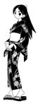  black_hair bow eyebrows greyscale hair_bow japanese_clothes kimono kitsu_chiri kumeta_kouji long_hair monochrome official_art sandals sayonara_zetsubou_sensei simple_background solo 