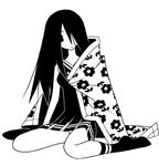  blanket cheerleader closed_mouth greyscale hair_over_one_eye komori_kiri kumeta_kouji long_hair monochrome official_art sayonara_zetsubou_sensei simple_background sitting solo tube_socks wariza 