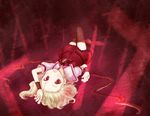  bad_id bad_pixiv_id blonde_hair fang flandre_scarlet looking_at_viewer lying mugi_(banban53) on_back red red_eyes solo thighhighs touhou upside-down wings 