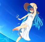  album_cover bad_id bad_pixiv_id barefoot blue_eyes blue_hair copyright_request cover dress dutch_angle feet hand_on_headwear hat jewelry long_hair masamuuu necklace one_eye_closed smile soles solo splashing sun_hat sundress toes water 
