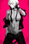  bad_id bad_pixiv_id banned_artist belt bracelet breasts chain collarbone earrings groin jewelry looking_at_viewer medium_breasts navel necklace necktie nipples no_bra one_eye_closed original pink_eyes ring s_tanly short_hair solo spot_color undressing 