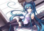  aqua_eyes aqua_hair black_legwear black_skirt boots breasts detached_sleeves garuku hatsune_miku instrument legs long_hair long_legs looking_up medium_breasts minigirl miniskirt nail_polish navel piano piano_keys pleated_skirt sitting skirt solo tattoo thigh_boots thighhighs thighs twintails very_long_hair vocaloid zettai_ryouiki 