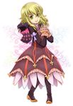  blonde_hair boots bow creature cropped_jacket dress elize_lutus frills full_body green_eyes micha_(chaho) purple_footwear ribbon short_hair smile tales_of_(series) tales_of_xillia teepo_(tales) 