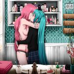  aqua_hair bad_id bad_pixiv_id bathroom black_skirt breasts closed_eyes cosmetics couple hatsune_miku hug kiss long_hair medium_breasts megurine_luka multiple_girls nail_polish panties pink_hair plaid plaid_skirt pleated_skirt sink skirt toothbrush topless towel underwear very_long_hair vocaloid yaya_(y8ay8a) yuri 