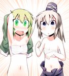  armpits arms_up blue_eyes blush dress green_dress green_eyes green_hair grey_hair groin hat mononobe_no_futo multiple_girls navel no_hat no_headwear no_panties no_shirt ponytail ren_(733) sarashi soga_no_tojiko tate_eboshi touhou underwear underwear_only undressing upper_body 