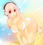  bare_shoulders barefoot bikini breasts cleavage day front-tie_top headphones huge_breasts kyoku_tou long_hair nitroplus outdoors pink_hair red_eyes shiny shiny_skin side-tie_bikini solo squatting strap_gap super_sonico swimsuit 