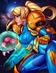  1girl armcannon armor blonde_hair blue_bodysuit blue_eyes blushypixy bodysuit breasts closed_mouth large_breasts lips long_hair metroid metroid_(creature) mole mole_under_mouth nintendo one_leg_up ponytail profile samus sidelocks solo space varia_suit 