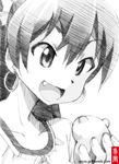  :d animal earrings fang ganaha_hibiki gofu greyscale hamster hamuzou idolmaster idolmaster_(classic) jewelry long_hair monochrome open_mouth ponytail sketch smile solo spot_color traditional_media 