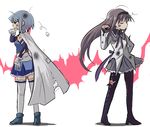  akemi_homura b3 bandaid black_hair blue_hair bruise cape closed_eyes hairband injury long_hair magical_girl mahou_shoujo_madoka_magica miki_sayaka multiple_girls pantyhose short_hair torn_cape torn_clothes torn_legwear 