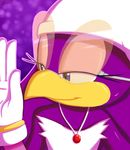  bandanna beak bird eyewear female half-closed_eyes johngrave necklace purple purple_background purple_body purple_eyes sega smile solo sonic_(series) sonic_riders sunglasses swallow_(bird) wave wave_the_swallow waving 