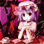  cup finger_to_mouth hat lavender_hair mashayuki red_eyes remilia_scarlet solo teacup touhou wings 