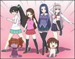  :3 ahoge aqua_skirt black_hair black_legwear black_skirt blue_eyes blue_hair breasts brown_hair chibi ganaha_hibiki hair_ribbon hairband idolmaster idolmaster_(classic) kung_fu large_breasts long_hair minase_iori miniskirt miura_azusa multiple_girls nonowa pink_skirt plaid plaid_skirt pleated_skirt ponytail red_eyes ribbon school_uniform serafuku shijou_takane shougi_(116) silver_hair skirt smile striped striped_skirt sweater_vest thighhighs twintails yayoi_creature zettai_ryouiki 