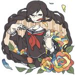  black_hair braid danganronpa danganronpa_1 flower fukawa_touko genocider_shou glasses holding_hands interlocked_fingers long_hair meme_(aoume) multicolored multicolored_rose out_of_frame petals red_eyes rose school_uniform scissors serafuku solo_focus spoilers tongue transparent_background twin_braids very_long_hair 