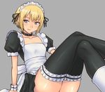  arm_support black_legwear blonde_hair blue_eyes blush collar collarbone crossed_legs flat_chest garters hashi kon_futaba looking_at_viewer maid maid_headdress short_hair simple_background sitting smile solo soredemo_machi_wa_mawatteiru spiked_collar spikes thighhighs wrist_cuffs 