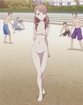  1girl 5boys arms_behind_back barefoot beach breasts brown_eyes brown_hair clothed_male_nude_female collarbone drill_hair hanasaku_iroha highres hips light_smile long_hair looking_at_viewer mound_of_venus multiple_boys navel nipples nude nude_filter nudist open_mouth outdoors photoshop pussy screen_capture screencap smile stairs standing thigh_gap topless tree uncensored wakura_yuina zenra 