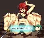  angry aqua_hair armpits ass bare_shoulders barefoot black_panties bra breasts cameltoe checkered checkered_floor chibi feet hair_over_one_eye highres kirijou_mitsuru lingerie long_hair medium_breasts midriff multiple_girls navel panties persona persona_3 red_eyes red_hair shunzou soles sweat sword translated underwear weapon wince yamagishi_fuuka 