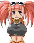  arms_behind_back blush breasts choker climax_entertainment dinosaur_king getter goggles jacket jewelry kitsune-tsuki_(getter) large_breasts midriff navel necklace open_mouth pink_hair purple_eyes sega shirt solo tatsuno_malm taut_clothes taut_shirt twintails 