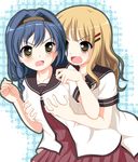  blonde_hair blue_hair blush breast_grab breasts furutani_himawari grabbing hair_intakes hair_ornament hairband hairclip highres kakesu long_hair multiple_girls nanamori_school_uniform oomuro_sakurako open_mouth school_uniform serafuku small_breasts yuri yuru_yuri 