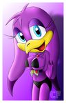  beak big_breasts bikini bird blue_eyes breasts clothed clothing cloudedfuture female gloves looking_at_viewer navel necklace purple purple_body sega skimpy solo sonic_(series) sonic_riders swallow_(bird) swimsuit tight_clothing wave_the_swallow 