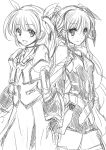  2girls :d bangs belt blush cowboy_shot eyebrows_visible_through_hair fate_testarossa gauntlets gloves hair_ribbon highres juliet_sleeves long_sleeves looking_at_viewer lyrical_nanoha magical_girl mahou_shoujo_lyrical_nanoha mahou_shoujo_lyrical_nanoha_a&#039;s mahou_shoujo_lyrical_nanoha_the_movie_2nd_a&#039;s mitarashi_kousei monochrome multiple_girls open_mouth puffy_sleeves ribbon short_twintails simple_background sketch skirt smile standing takamachi_nanoha thighhighs twintails white_background 