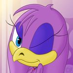  beak bird blue_eyeliner blue_eyes breasts cleavage clothed clothing cloudedfuture female necklace nude one_eye_closed purple purple_background purple_body sega solo sonic_(series) sonic_riders swallow_(bird) wave_the_swallow wink 