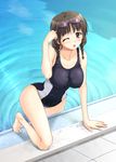  ;o bare_shoulders barefoot black_eyes black_hair braid breasts caustics competition_swimsuit covered_navel covered_nipples goggles goggles_on_head hanasaku_iroha large_breasts long_hair miyai_sen one-piece_swimsuit one_eye_closed oshimizu_nako pool poolside ripples skin_tight solo swimsuit taut_clothes taut_swimsuit twin_braids wet 