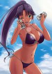  alcohol asuka_(dream_c_club_zero) beer bikini breasts can can_to_cheek cleavage curvy dark_skin day dream_c_club dream_c_club_(series) dream_c_club_zero front-tie_top green_eyes groin hisakabe_oune large_breasts lens_flare long_hair narrow_waist one_eye_closed outdoors ponytail purple_hair side-tie_bikini sideboob smile solo strap_gap swimsuit tan underboob 