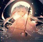  1girl :d blue_hair blush bug butterfly chinese_clothes chuushuu_meigetsu_miku clothes_lift commentary_request erhu floating_hair flower full_moon hagoromo hair_flower hair_ornament happy hatsune_miku holding insect instrument kanzashi long_hair long_sleeves looking_away moon night night_sky open_mouth pink_flower rella shawl sky smile solo star_(sky) starry_sky twintails upper_body very_long_hair vocaloid 