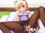  1boy 1girl animal_ears black_legwear blonde_hair byoubu_tetora cat_ears catgirl censored game_cg highres otomimi_infinity panties pantyhose penis purple_eyes short_hair solo_focus spread_legs tail tail_job tailjob underwear yasaka_minato 