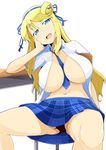  :d arm_support between_breasts blonde_hair blue_eyes blue_neckwear blue_skirt breasts chair desk fang hair_ribbon hairband hand_on_own_face huge_breasts katsuragi_(senran_kagura) long_hair miniskirt navel necktie open_clothes open_mouth open_shirt plaid plaid_skirt pleated_skirt ribbon school_uniform senran_kagura senran_kagura_shoujo-tachi_no_shin'ei shirt simple_background skirt smile solo spread_legs toudori white_background 
