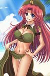  bikini blue_eyes braid hat hong_meiling kurowana long_hair navel red_hair solo swimsuit touhou 