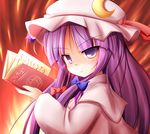  baku-p book bow crescent dress face frown hair_bow hat hexagram long_hair open_book patchouli_knowledge purple_eyes purple_hair solo staring touhou 