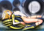  alternate_costume black_legwear blonde_hair blue_eyes boots bow brazen breasts cable colored_eyelashes hair_bow hair_ornament hairclip highres kagamine_rin leotard lips looking_at_viewer lying mouth_hold nail_polish on_back short_hair small_breasts solo speaker vocaloid 