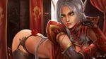  armor banned_artist bent_over blood_elf breasts cleavage elbow_gloves flower garter_belt gloves green_eyes highres lips medium_breasts panties pointy_ears rose silver_hair solo thighhighs thong underwear warcraft world_of_warcraft yinan_cui 