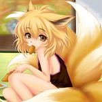  aburaage alternate_costume animal_ears bare_legs bare_shoulders brown_eyes brown_hair casual eating food food_in_mouth fox_ears fox_tail kuraimu_(nico) looking_at_viewer messy_hair mouth_hold multiple_tails no_hat no_headwear short_hair solo tail touhou yakumo_ran younger 
