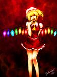  arm_behind_back bad_id bad_pixiv_id blonde_hair blood crystal fang flandre_scarlet frilled_skirt frills hat johnalay miniskirt red_eyes red_skirt side_ponytail signature skirt skirt_set smile solo tongue touhou wings 