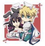  :&lt; amino69 animal_ears aqua_eyes armor bad_id bad_pixiv_id black_eyes black_hair blonde_hair bunny_ears cape chibi flynn_scifo long_hair multiple_boys pants smile tales_of_(series) tales_of_vesperia yuri_lowell 