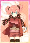  :o absurdres aqua_eyes black_legwear blush charlotte_(madoka_magica) highres jacket looking_at_viewer mahou_shoujo_madoka_magica oversized_clothes personification pink_hair polka_dot polka_dot_scarf polka_dot_scrunchie scarf scrunchie shirahane_nao short_hair short_shorts shorts skindentation solo standing thighhighs twintails 