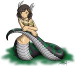  black_hair breasts feather feather_in_hair female hair lamia naga navel necklace plain_background reptile scales scalie smile snake solo tom_fischbach white_background 