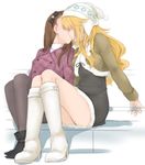  bad_id bad_pixiv_id beanie black_legwear blonde_hair boots couple hair_over_eyes hairband hat hoshii_miki idolmaster idolmaster_(classic) jacket kiss long_hair minase_iori minatsuki_randoseru multiple_girls pantyhose yuri 