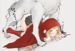  bestiality blonde_hair boots cape clothed_sex grey_background highres hikichi_sakuya interspecies little_red_riding_hood_(sinoalice) long_hair red_cape red_footwear sinoalice top-down_bottom-up wolf yellow_eyes 