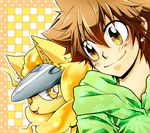  brown_hair fire gold_eyes jumper katekyo_hitman_reborn! lion natsu_(reborn) sawada_tsunayoshi smile spiked_hair spiky_hair yellow_eyes 