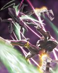  bad_pixiv_id battle blurry depth_of_field eureka_seven eureka_seven_(series) highres hiro_(hibikigaro) laser mecha nirvash nirvash_typezero no_humans sky theend 