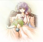  abo_(hechouchou) bed blanket blue_dress capelet dress frilled_pillow frills green_hair hand_on_another's_head komeiji_koishi komeiji_satori lap_pillow multiple_girls pillow purple_hair red_eyes short_hair siblings sisters sitting sleeping smile third_eye touhou 