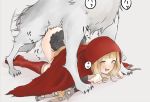  bestiality blonde_hair boots cape clothed_sex grey_background highres hikichi_sakuya interspecies little_red_riding_hood_(sinoalice) long_hair red_cape red_footwear sinoalice smile top-down_bottom-up wolf yellow_eyes 