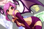  artist_request bent_over breasts cleavage demon_girl demon_wings highres kanjuku navel pink_hair red_eyes smile solo source_request wings 