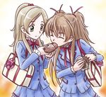  aria_gakuen_school_uniform bag blue_shirt bow brown_hair closed_eyes dress eating food green_eyes hair_bobbles hair_ornament half_updo houjou_hibiki light_brown_hair long_hair minamino_kanade multiple_girls my_sanc pink_bow ponytail precure ribbon school_uniform shirt smile suite_precure two_side_up 