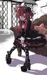  alternate_hairstyle boots breasts buckle chain cleavage collar couch dress eyepatch gothic_lolita gun hair_ornament haku_(sabosoda) highres kneehighs lolita_fashion long_hair medium_breasts open_mouth print_legwear red_hair skull_print solo spiked_collar spikes tengen_toppa_gurren_lagann weapon yellow_eyes yoko_littner 