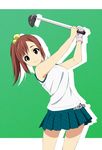  ball blue_skirt brown_eyes brown_hair checkered checkered_skirt fukuoka_katsumi gloves golf golf_club long_hair miniskirt minna_no_golf pleated_skirt ponytail single_glove skirt solo yuuna_(minna_no_golf) 