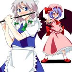  bat_wings blue_eyes blue_hair braid flute hat instrument izayoi_sakuya kuze maid maid_headdress multiple_girls red_eyes remilia_scarlet silver_hair touhou wings 